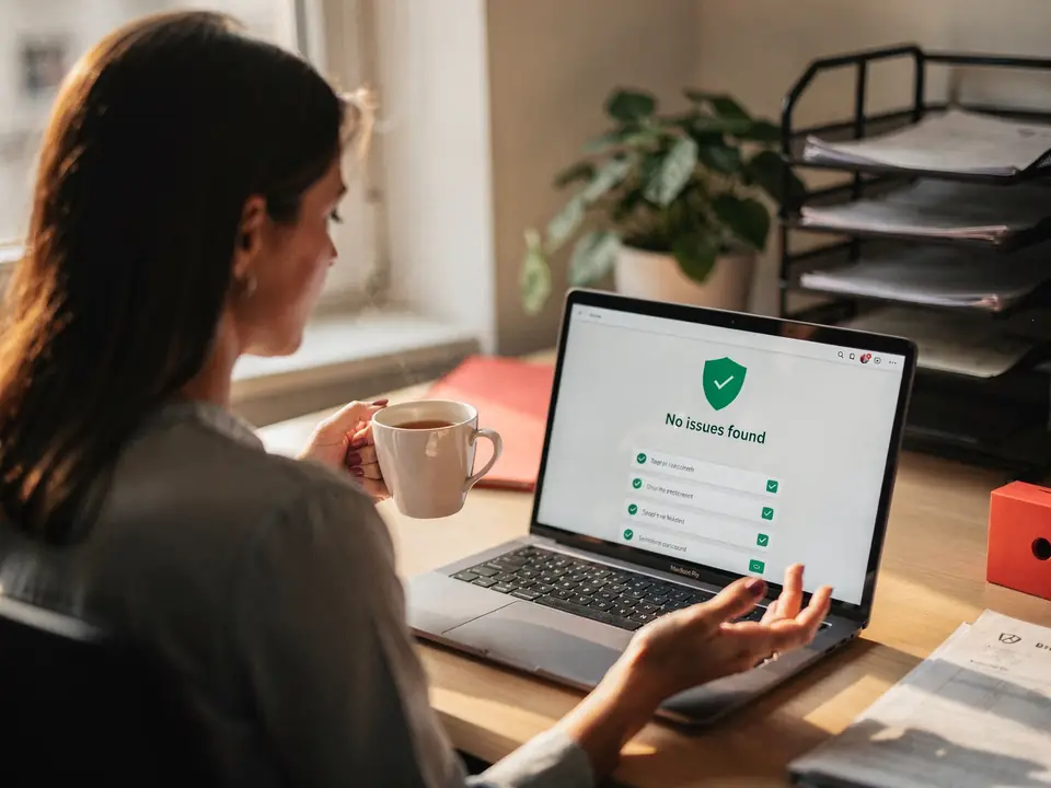 An accountant holding tea views a website security dashboard showing no issues found.
