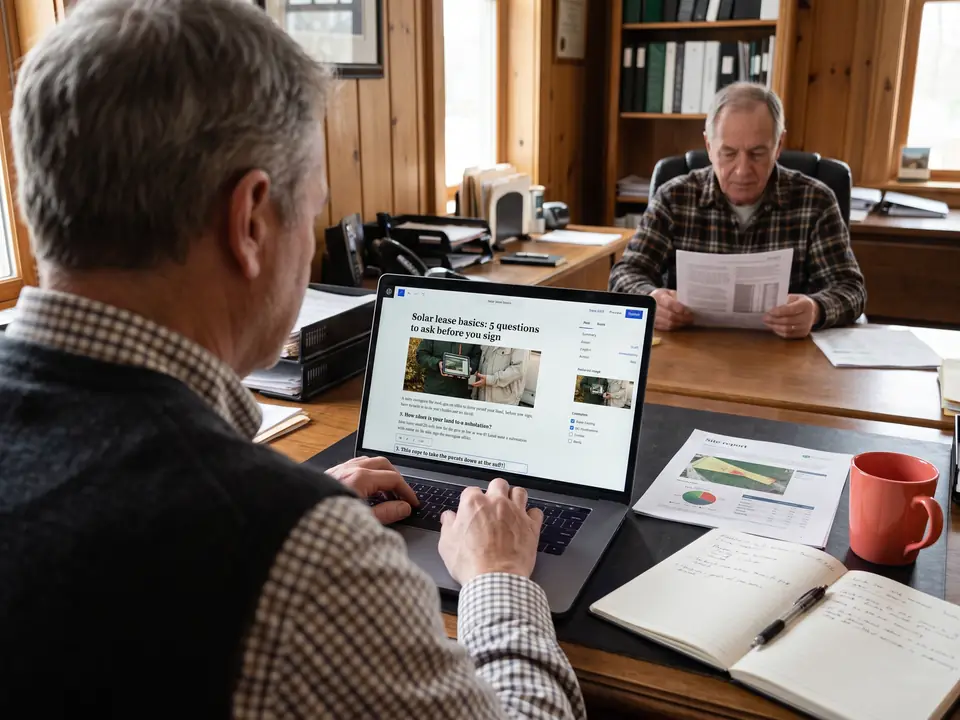 A land advisor writes a solar lease article for landowners in a blog editor.
