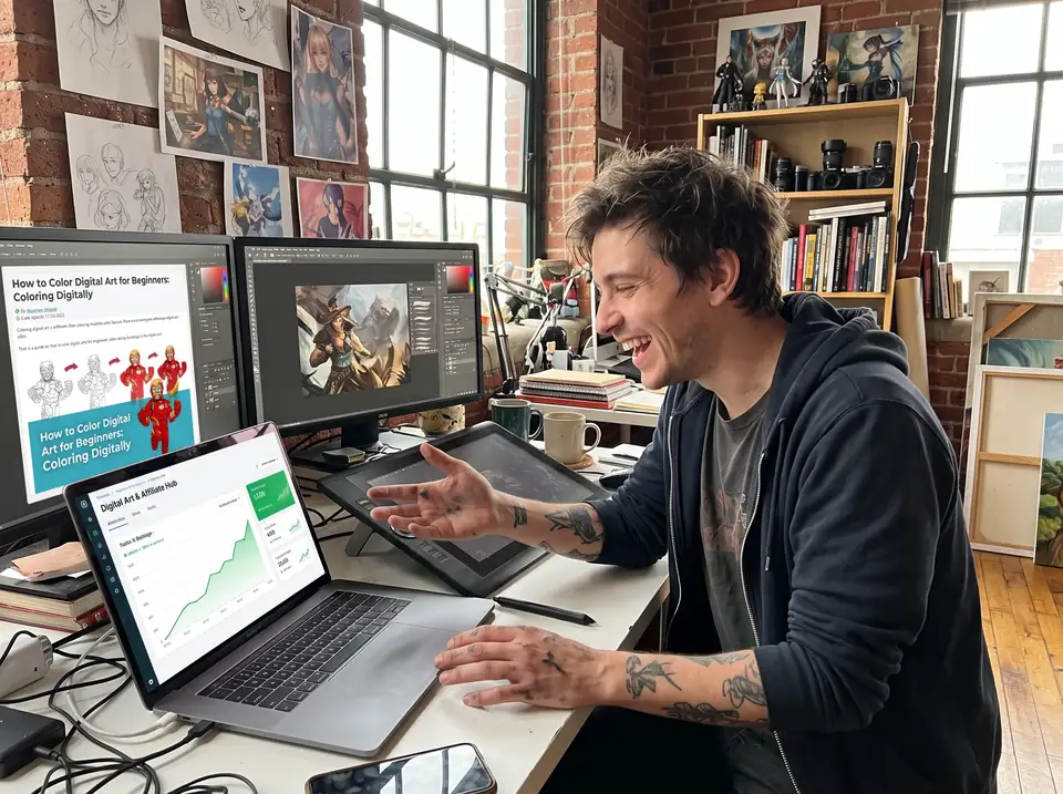 A digital artist smiles at a laptop showing his website traffic rising.