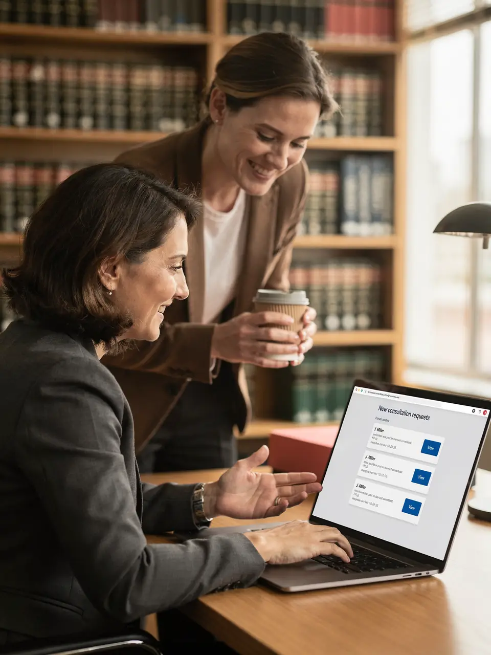 An attorney and her colleague smile at new consultation requests on a laptop.