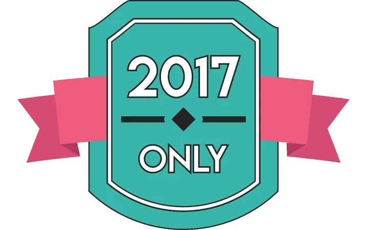 A teal badge with a pink ribbon reading 2017 Only.