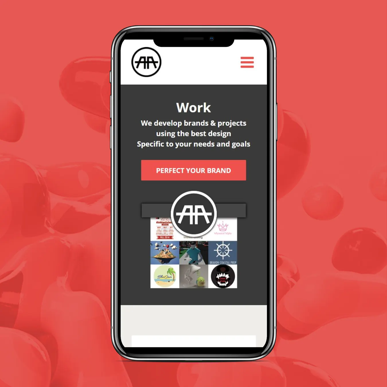 The Alyaman Alhayek Design website shown on a phone against a red background.
