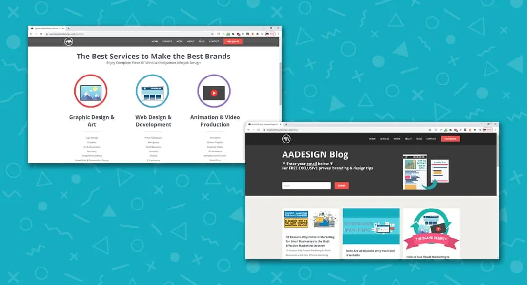 Two Alyaman Alhayek Design website screenshots on a teal patterned background.
