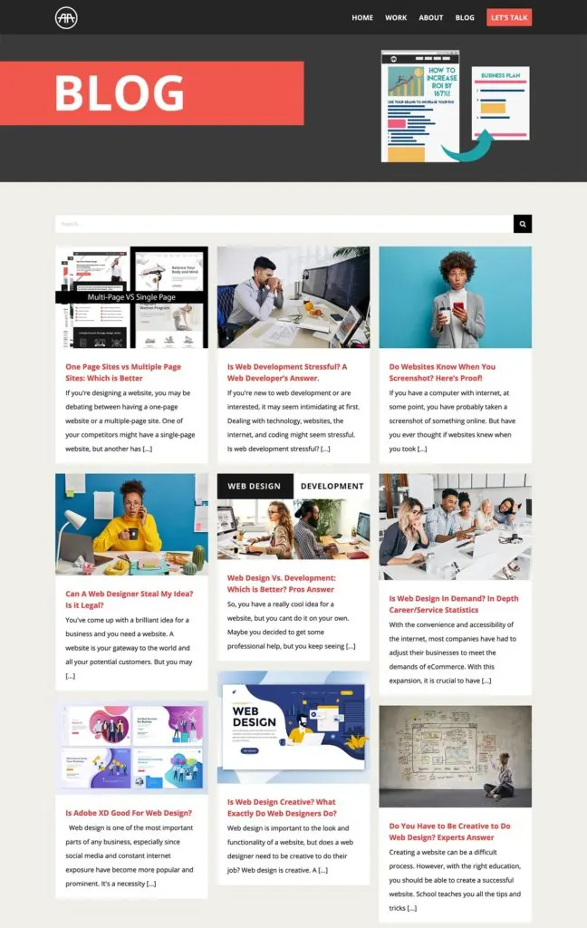Screenshot of the Alyaman Alhayek Design blog page with post cards.