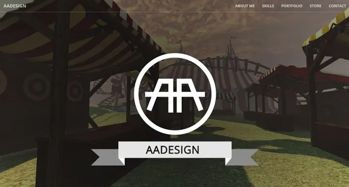 Old AADesign website with the AA logo over a dark 3D scene.