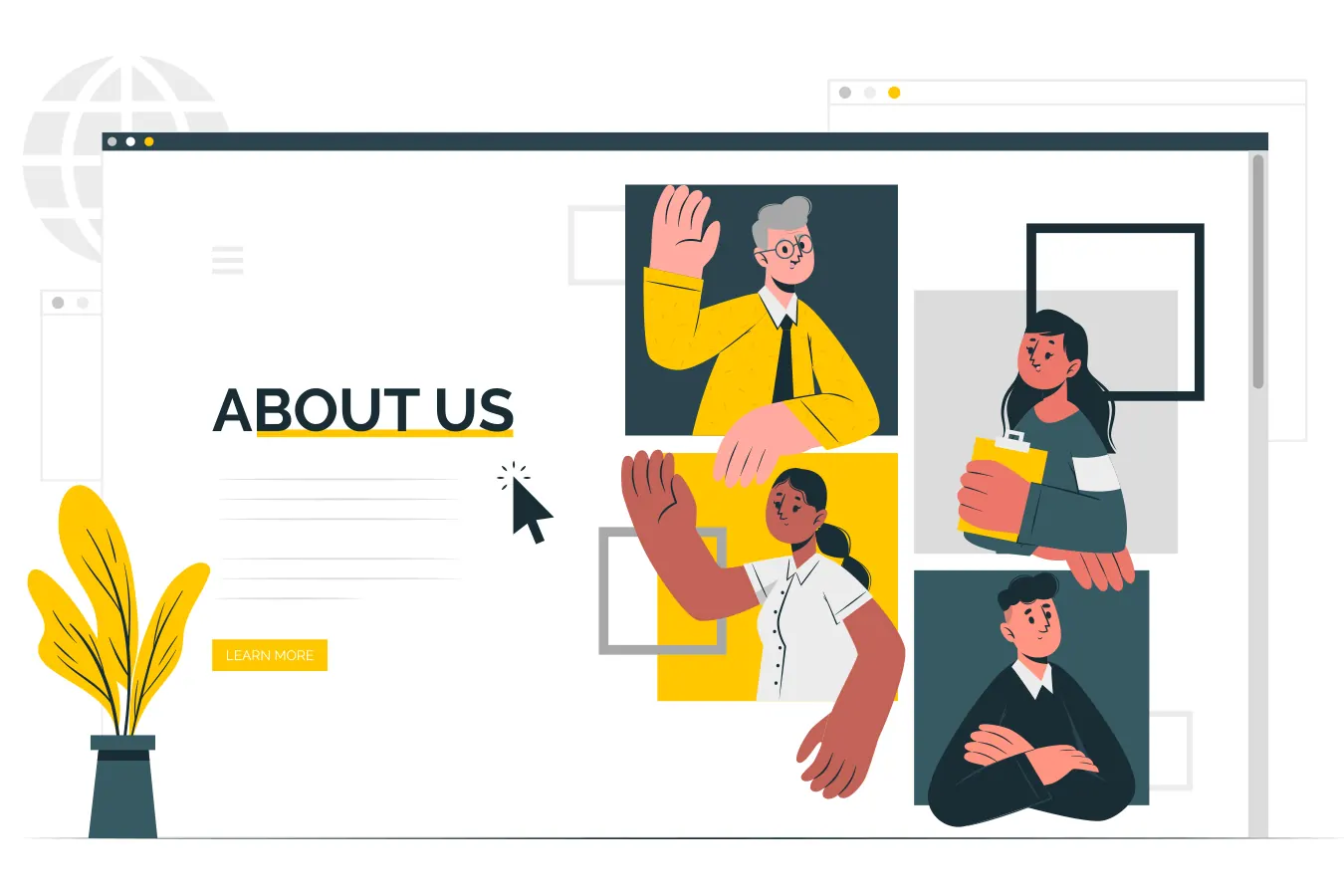 Illustration of an About Us web page with team member portraits.