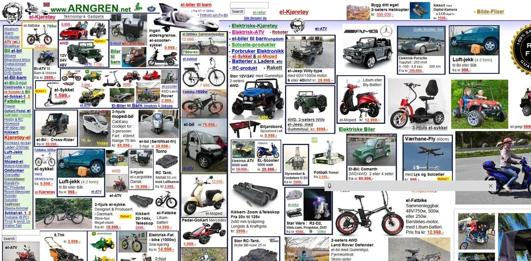Screenshot of the Arngren website crowded with vehicle photos and text.