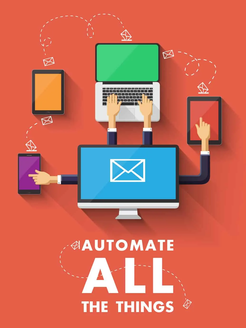Illustration of hands on a laptop with connected devices reading Automate All.