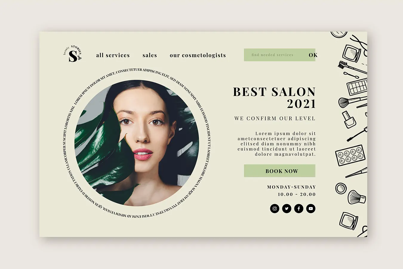 Beauty salon website design with a circular portrait of a woman.