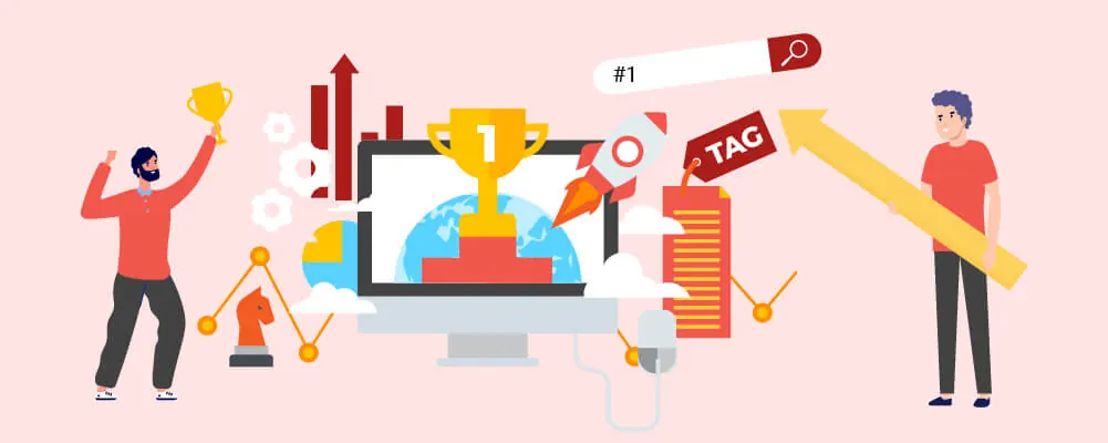 Illustration of people with a trophy, ranking tag and rising arrow.