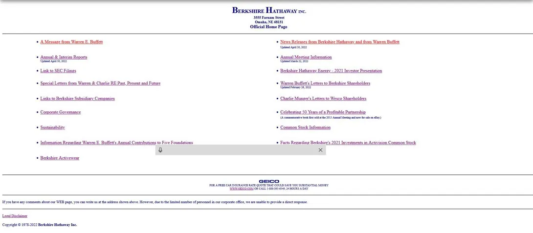 Screenshot of the Berkshire Hathaway website with plain blue text links.