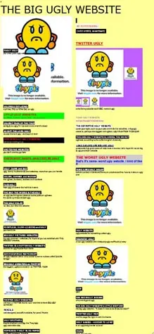 Mobile screenshot of The Big Ugly Website with clashing yellow and cartoons.