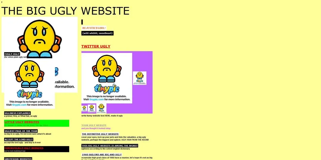 Screenshot of The Big Ugly Website with a yellow background and cartoon faces.