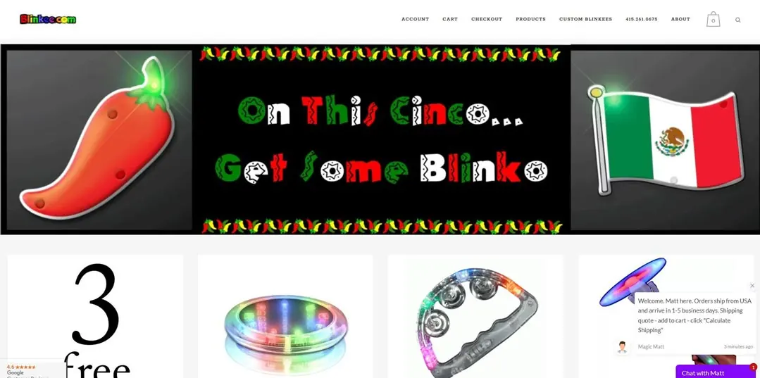 Screenshot of the Blinkee website with a chili pepper and flag banner.