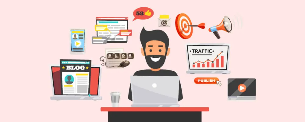 Illustration of a bearded blogger at a laptop surrounded by marketing icons.