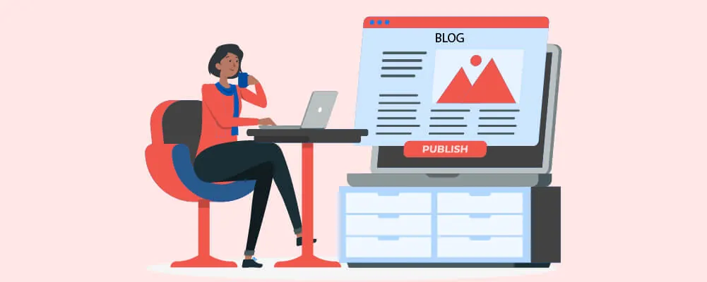 Illustration of a woman at a laptop next to a large blog page.