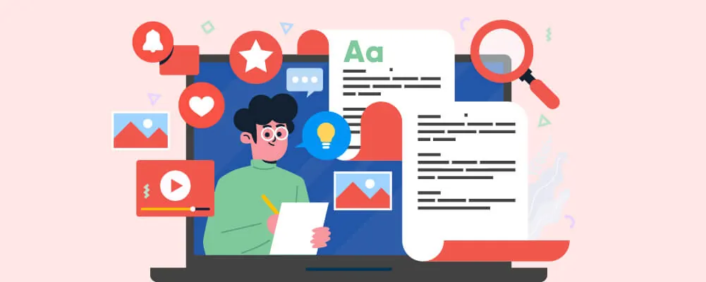 Illustration of a blogger writing a post surrounded by media icons.