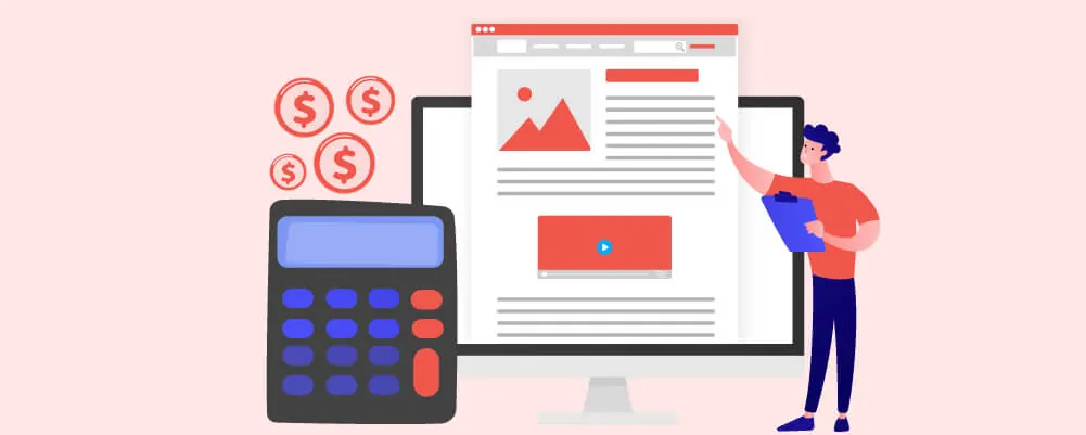 Illustration of a man beside a calculator and website showing blogging costs.