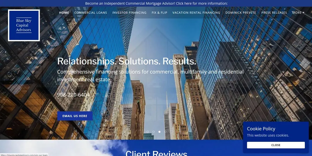 Screenshot of the Blue Sky Capital website with text over skyscrapers.