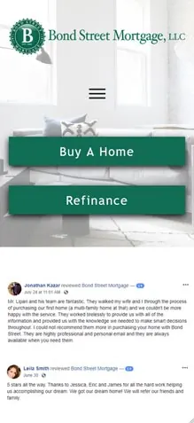 Mobile screenshot of the Bond Street Mortgage website with green buttons.