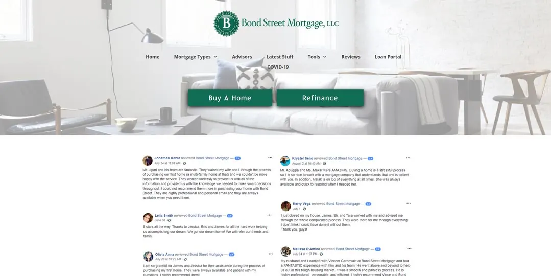 Screenshot of the Bond Street Mortgage website with small review text.
