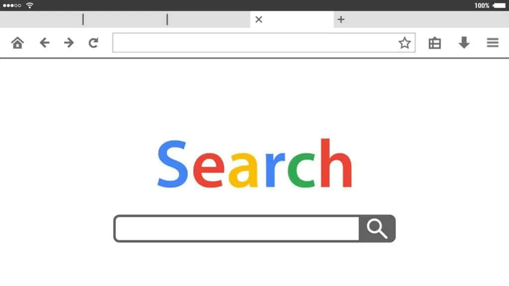 A blank browser window with a colorful Search heading and a search bar.