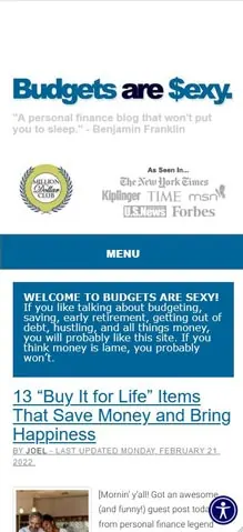 Mobile screenshot of the Budgets Are Sexy blog with crowded headings.