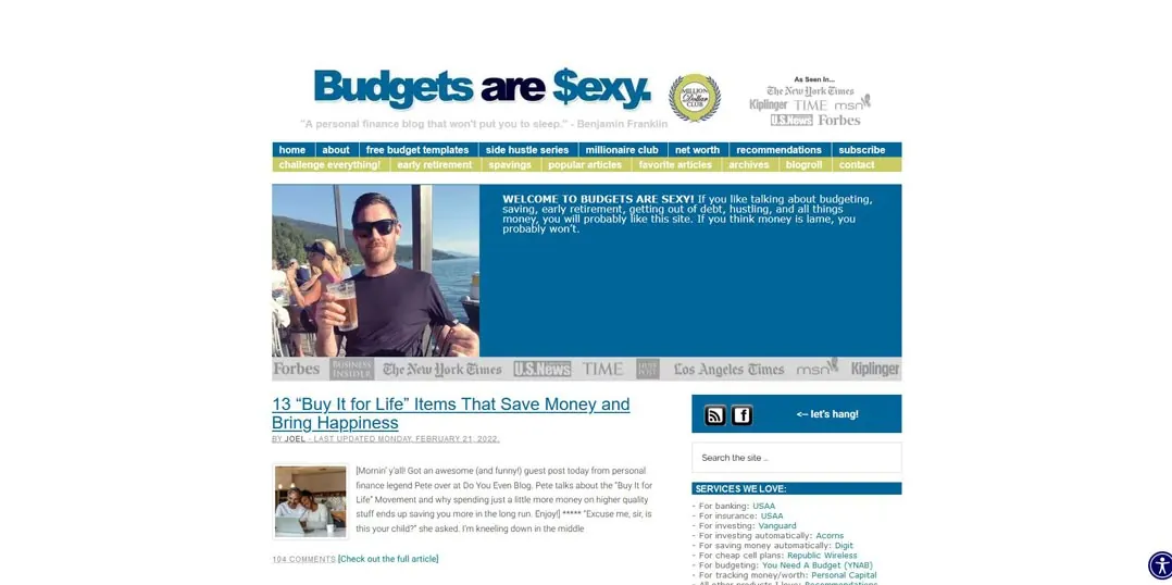 Screenshot of the Budgets Are Sexy blog home page with dense text.