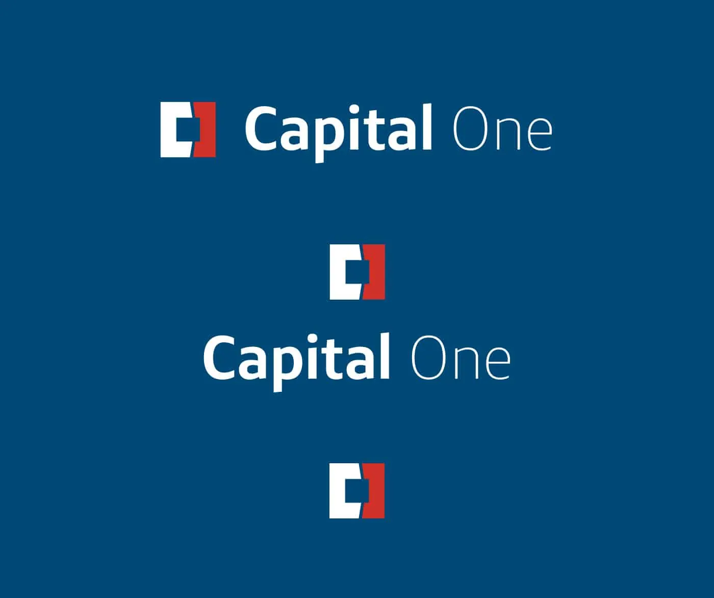 Capital One logo lockups stacked in several sizes on dark blue.