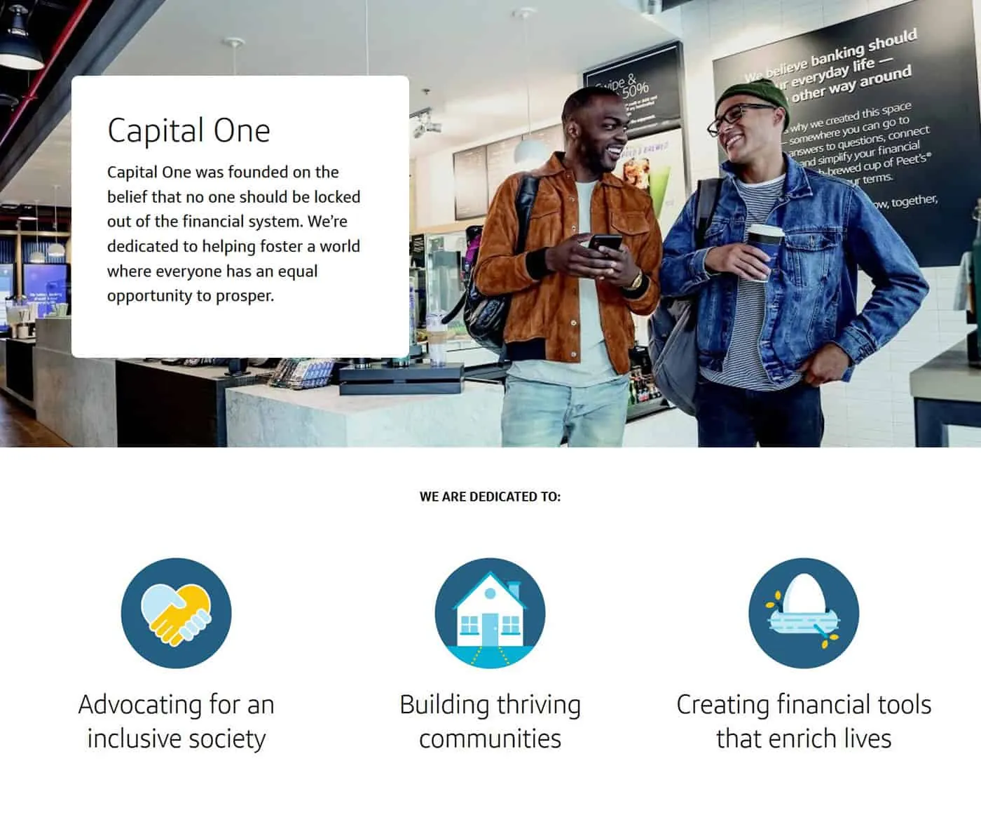 Capital One mission page with a photo of two men and three icons.