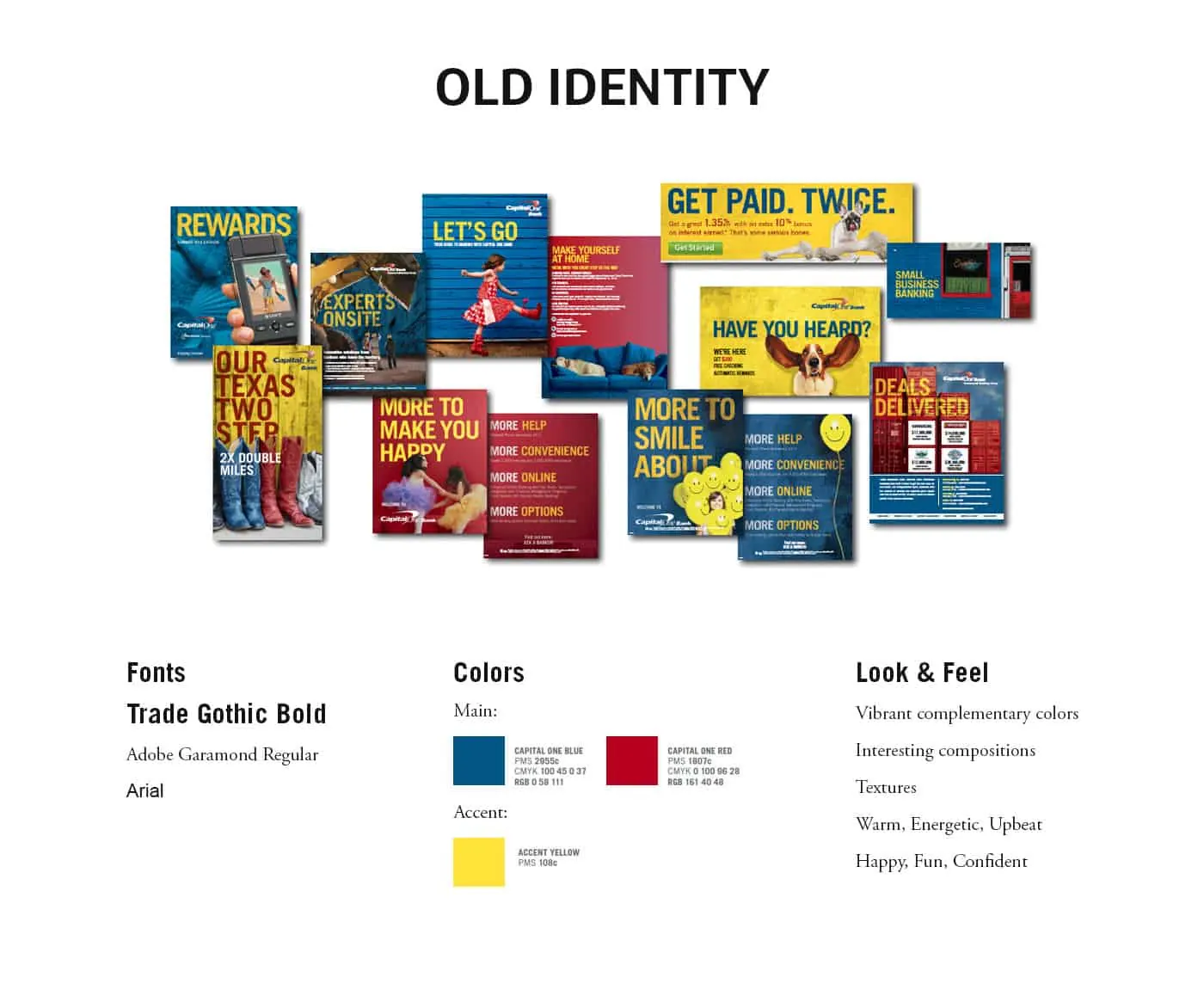 Capital One old identity board with past ads, fonts and brand colours.