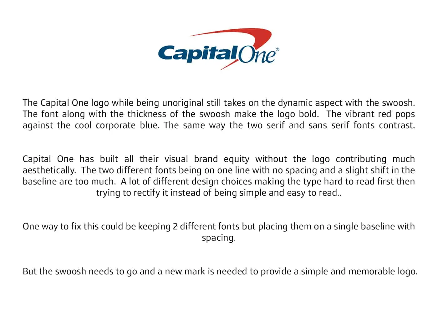 The old Capital One swoosh logo above paragraphs critiquing its design.