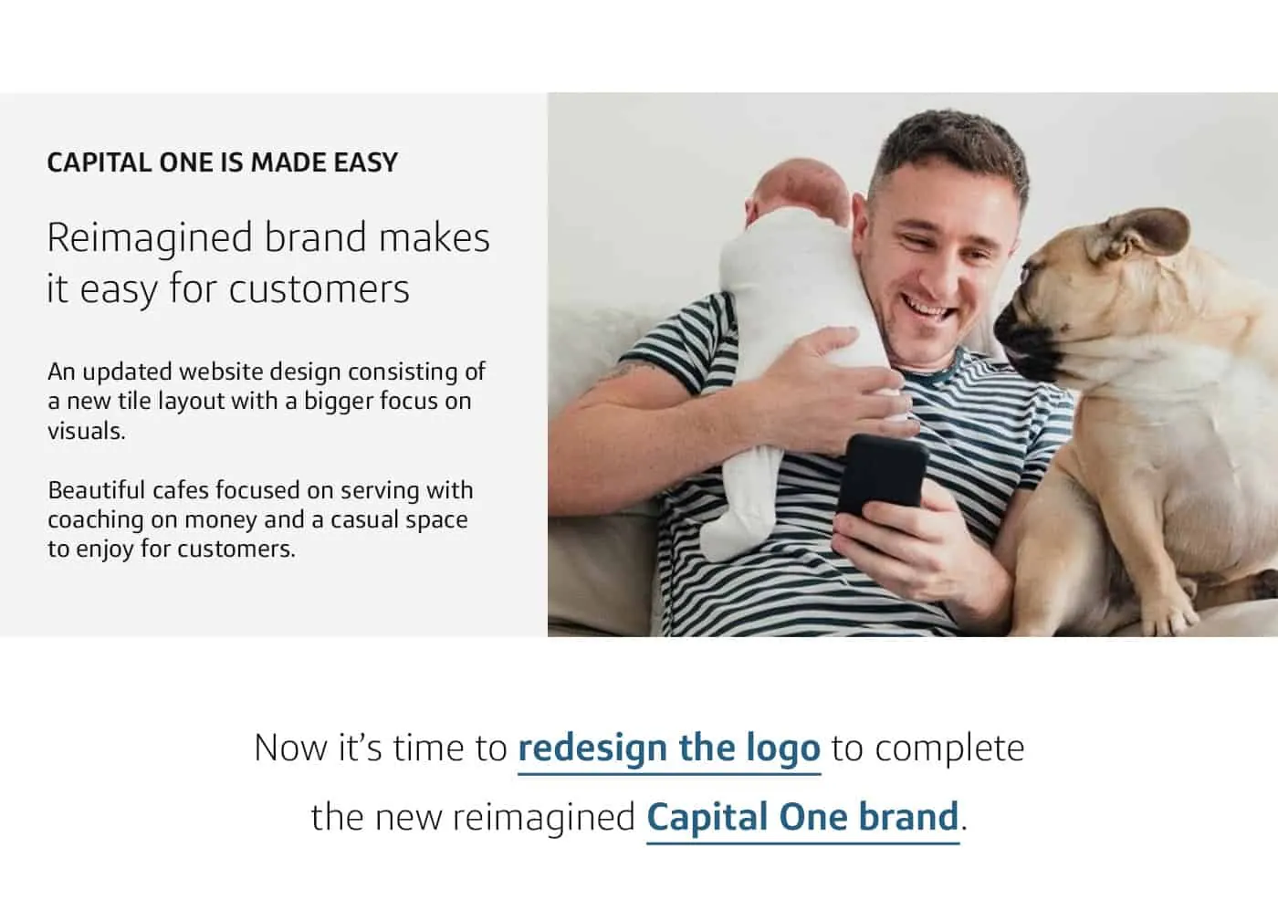 Slide with a man and dog on a couch about a reimagined brand.