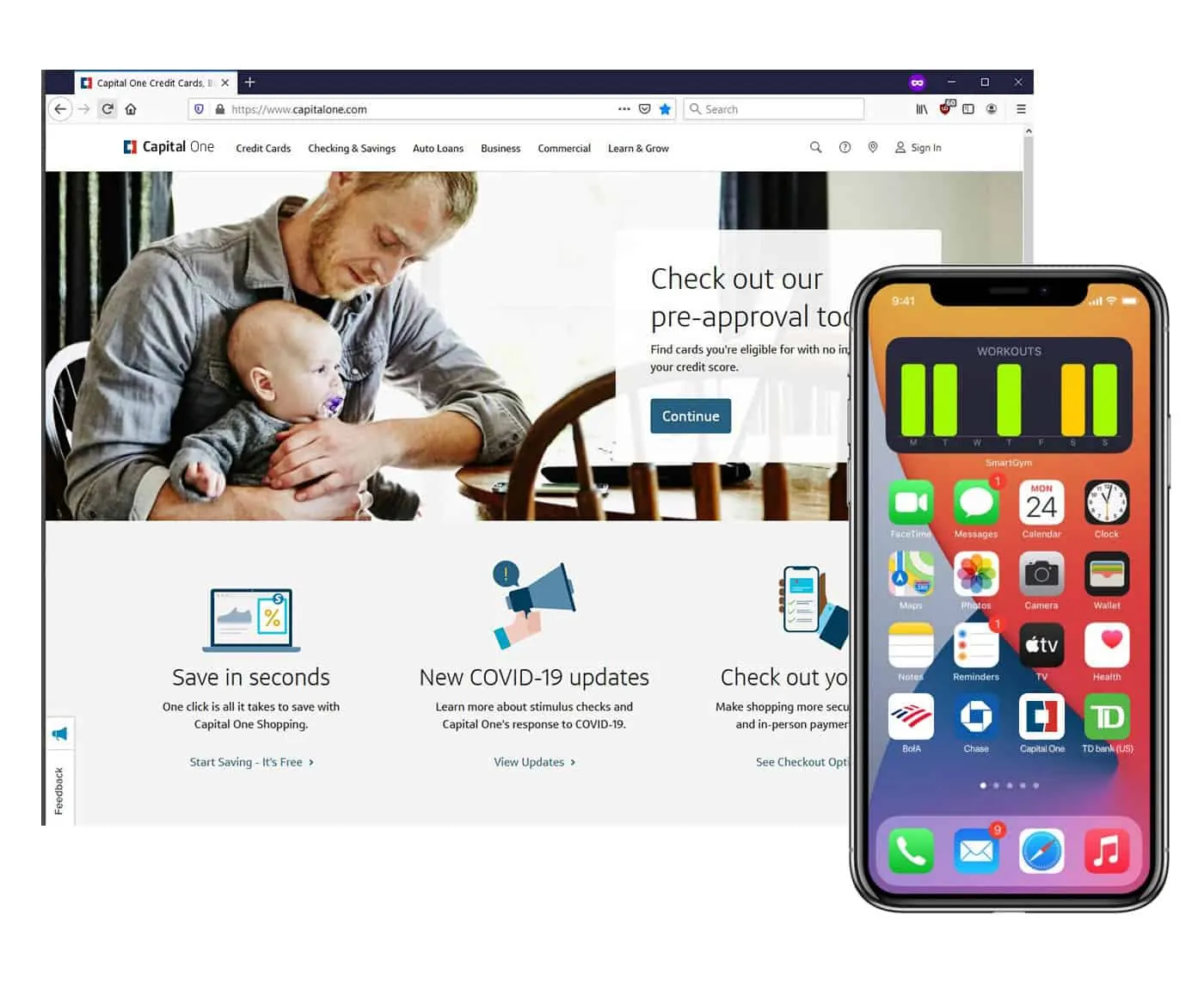 Capital One website on a laptop screen beside a phone showing the app.