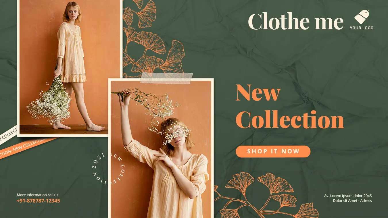 Clothing store website mockup with a green background and new collection photos.