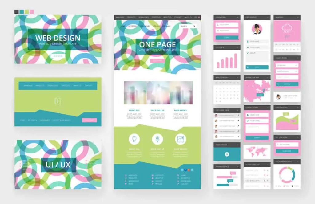 Colorful web design and UI templates laid out as page mockups.