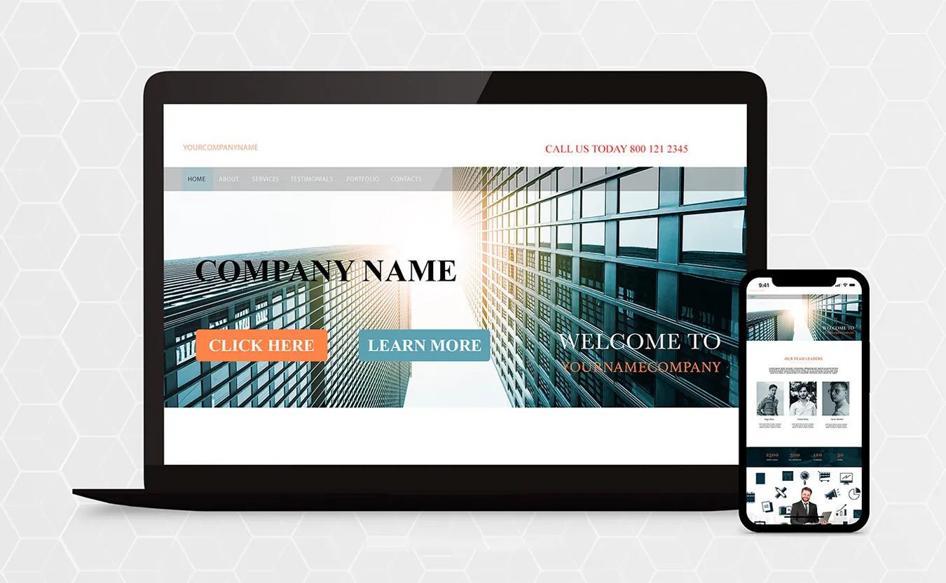 A generic company website template shown on a laptop and a phone.