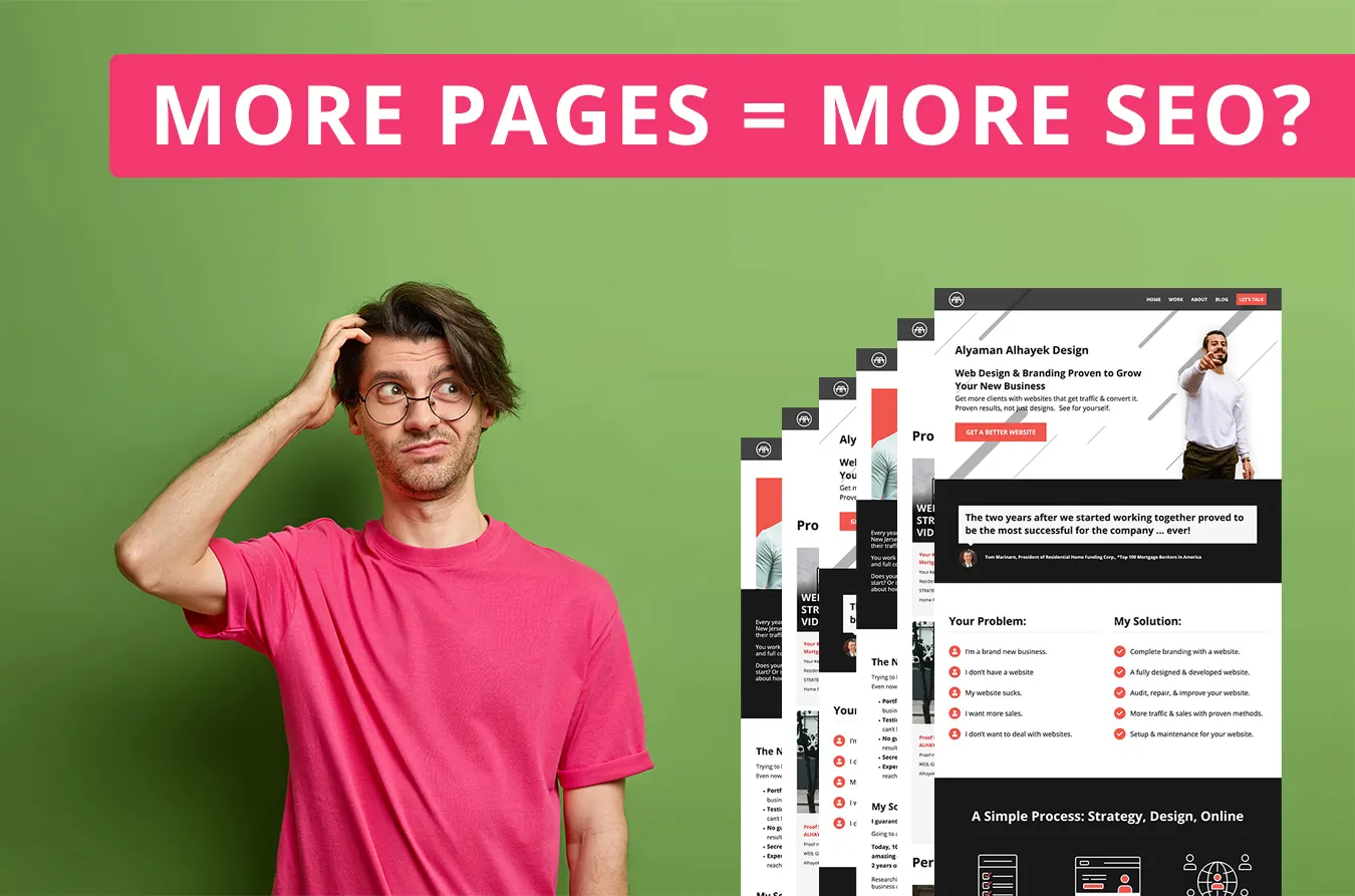 A confused man scratches his head beside website pages under More Pages More SEO.
