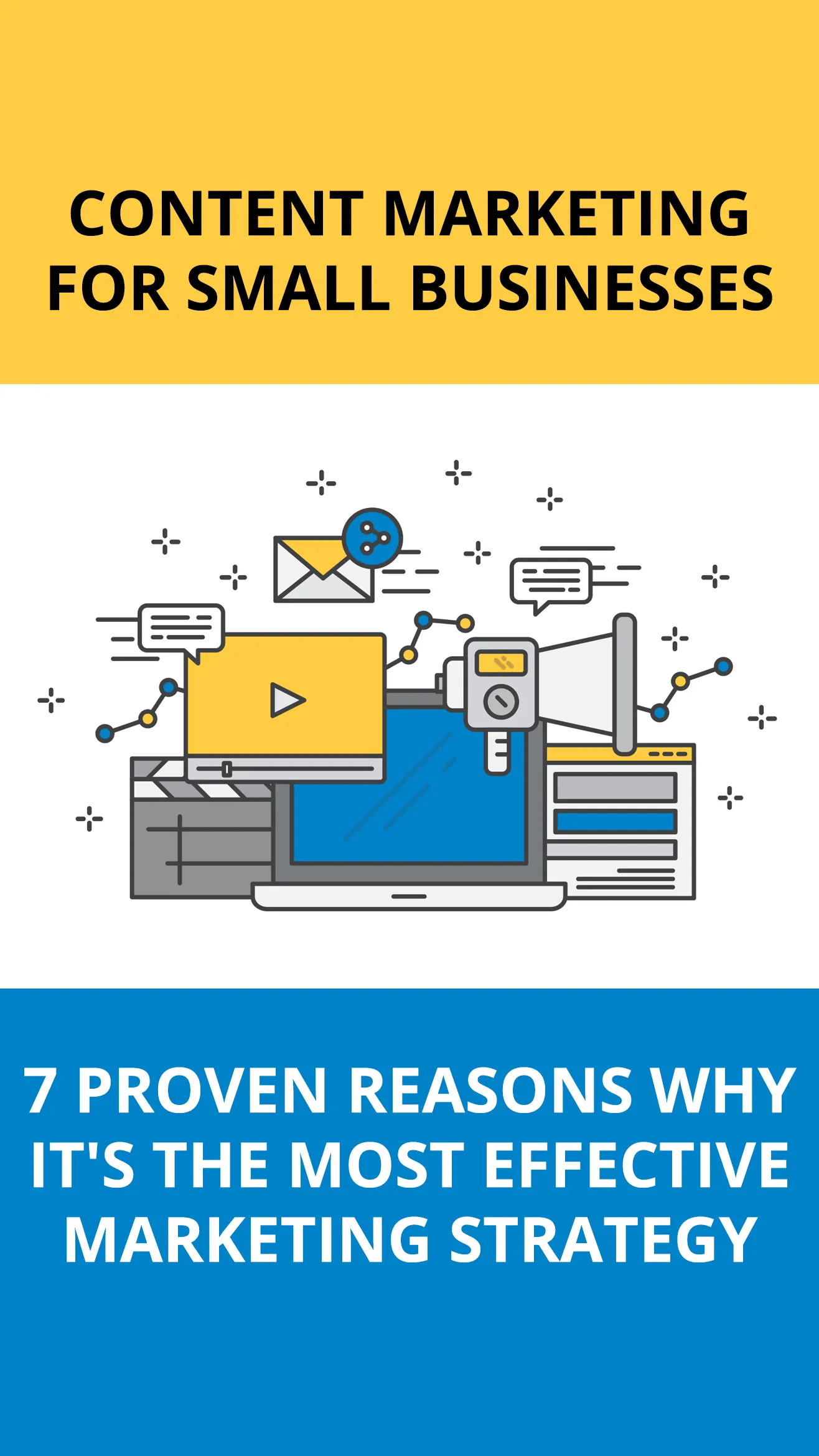Infographic cover on content marketing for small businesses with a laptop illustration.