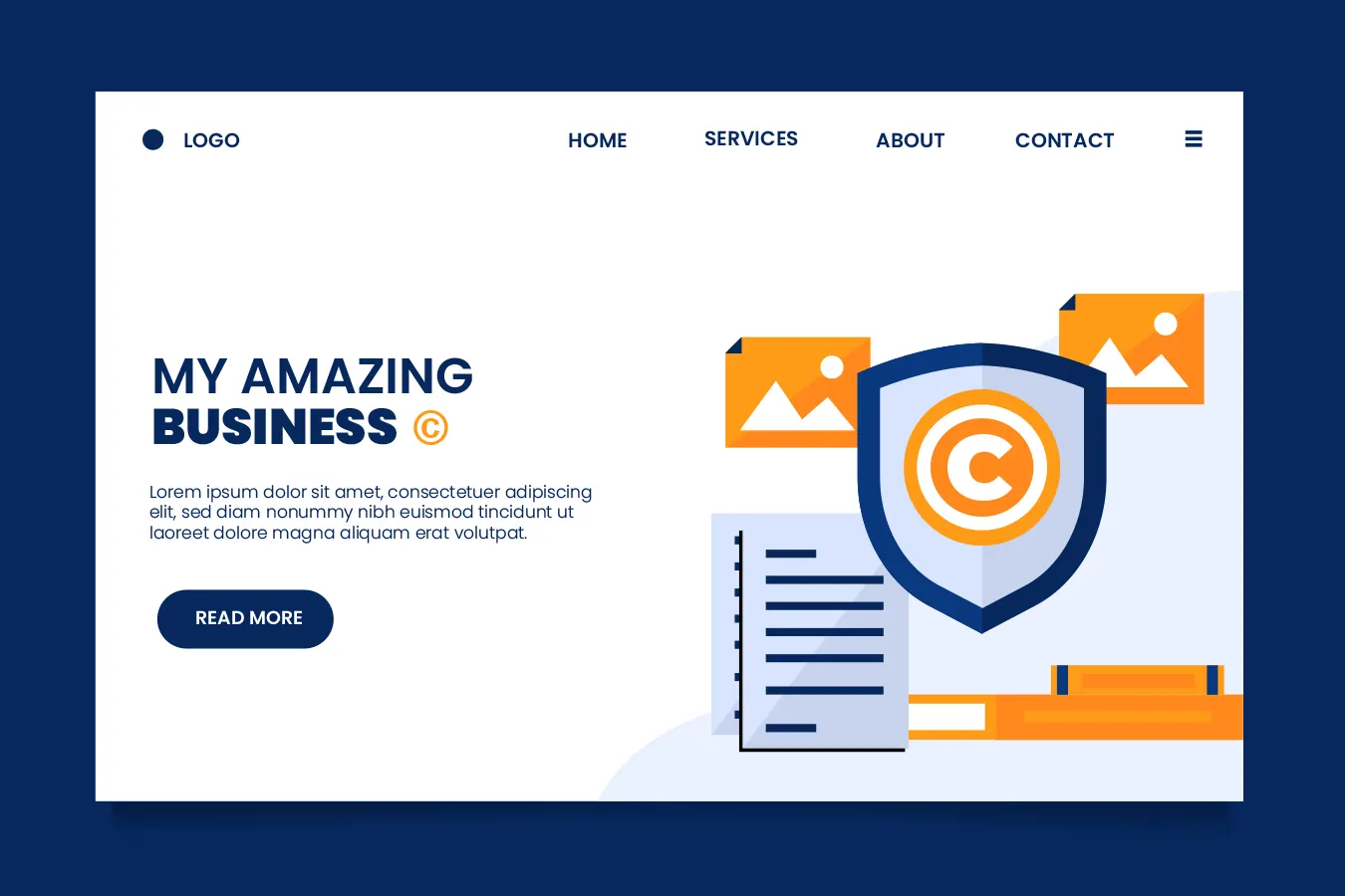 Illustration of a website page with a copyright shield and picture icons.