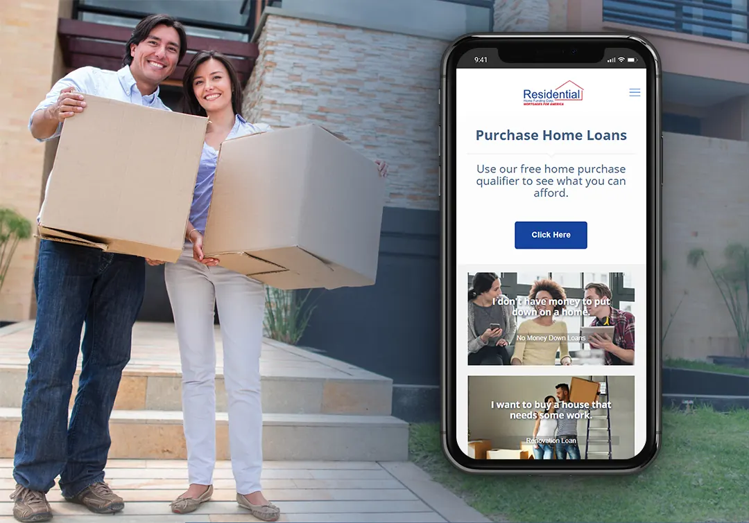 A couple holds moving boxes beside a phone showing a purchase loans page.