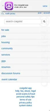 Mobile screenshot of the Craigslist home page with plain link lists.