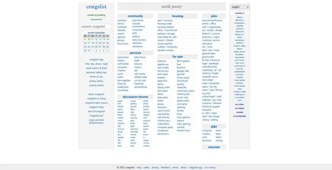 Screenshot of the Craigslist home page packed with small blue links.