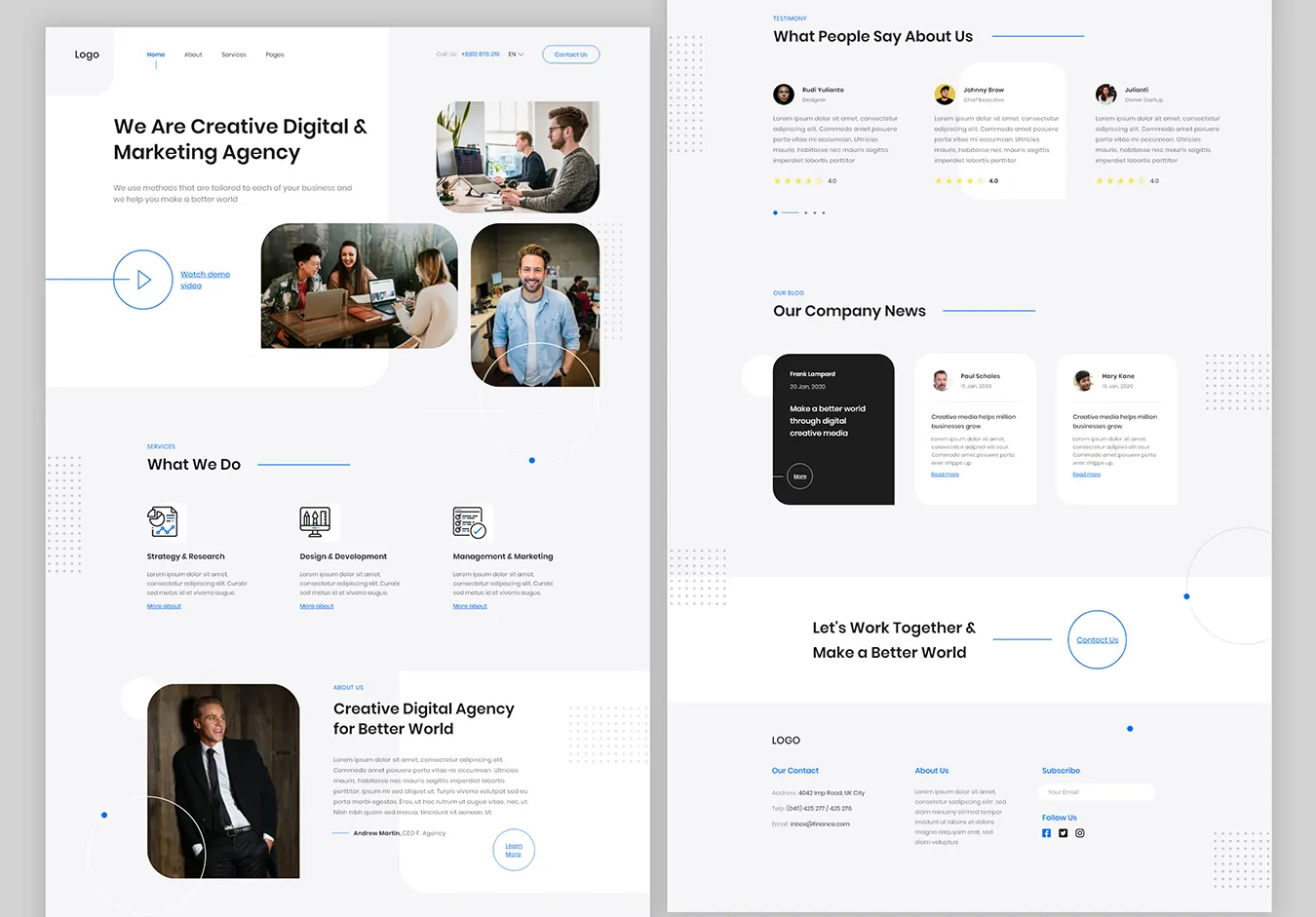 Long one-page website design for a creative digital marketing agency.