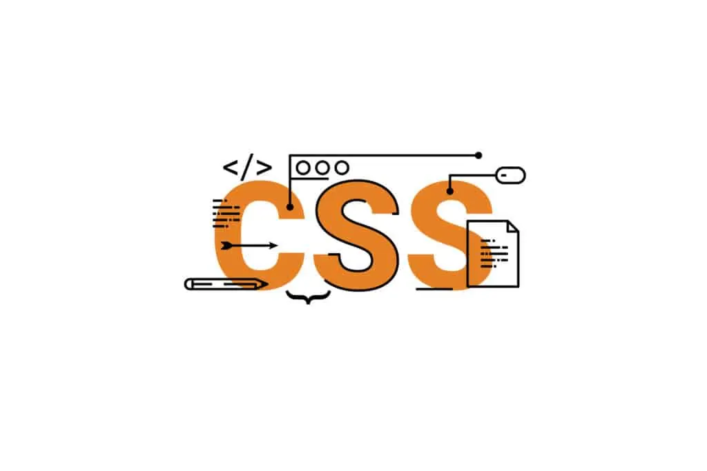 Orange CSS letters with code brackets and document icons on white.