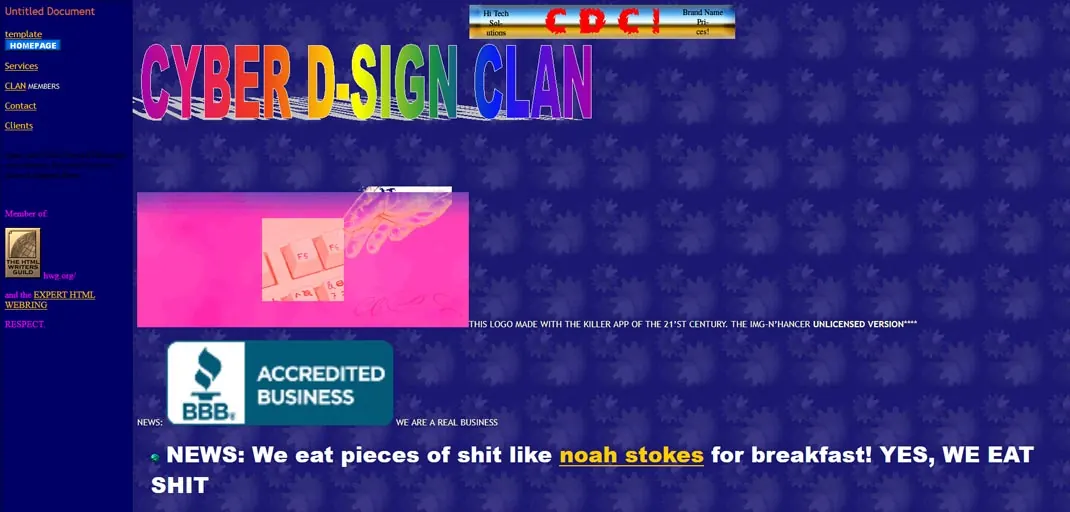 Screenshot of the Cyber Design Clan website with clashing purple and pink.