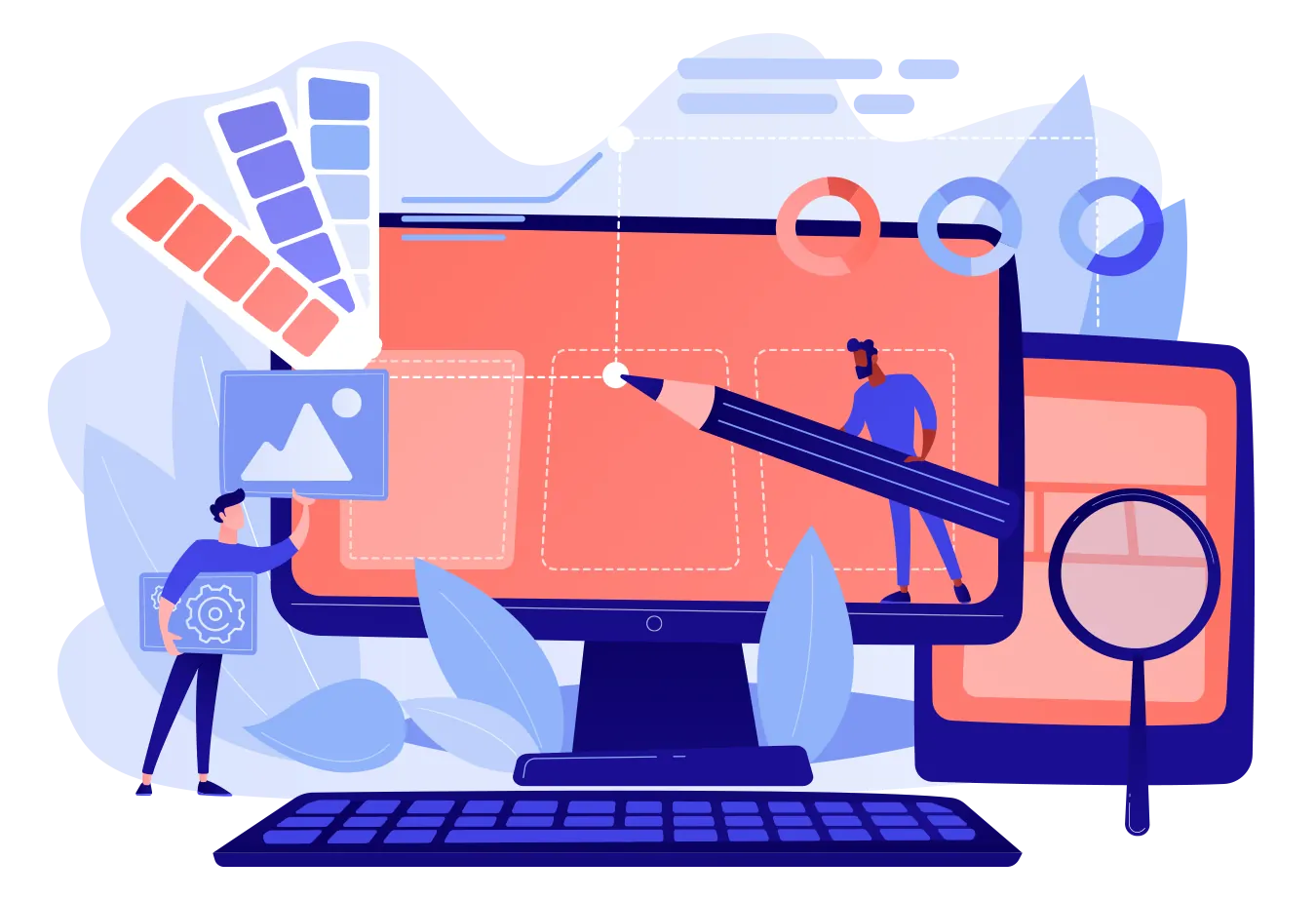 Illustration of designers drawing on a giant red monitor with colour swatches.