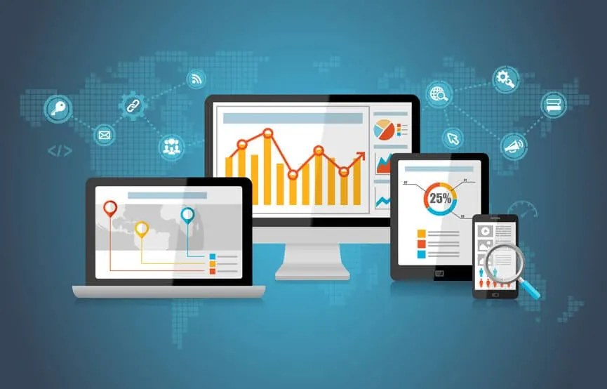 A laptop, tablet and phone showing analytics charts over a world map.