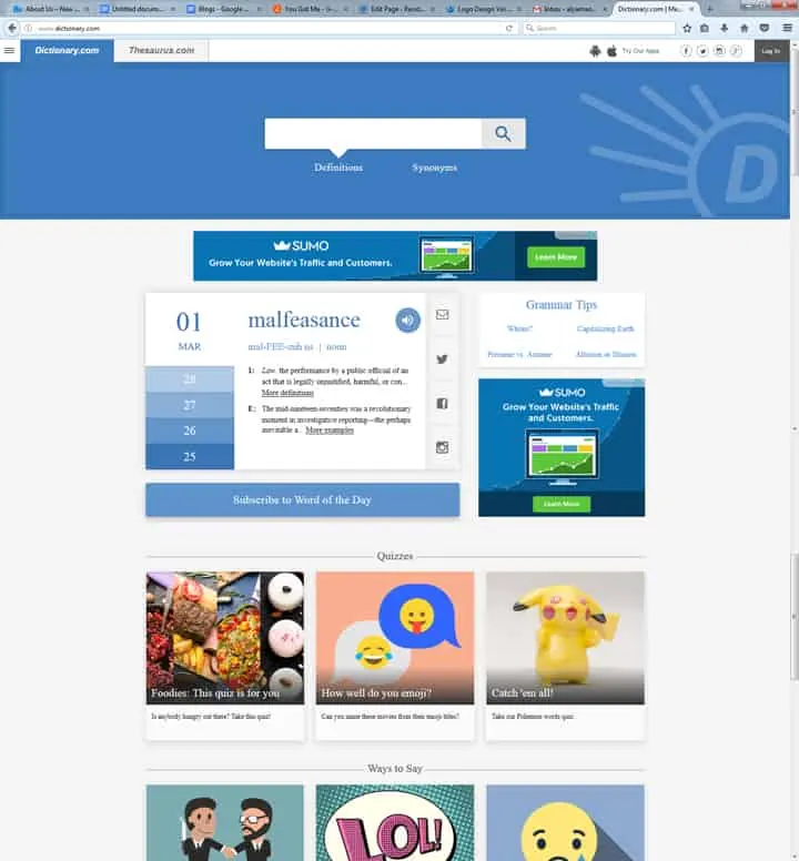 Screenshot of the Dictionary.com home page with a search bar and article tiles.