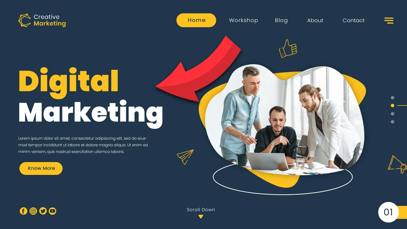 Digital marketing website design with a red arrow pointing at the heading.
